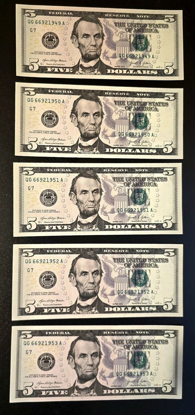 "Lot of 5 Consecutive Series 2021 $5 Notes" "Uncirculated" 1949-1953